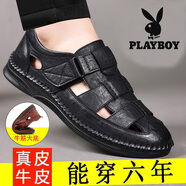 花花公子（PLAYBOY）花花公子正品男鞋真皮鏤空透氣涼皮鞋男士洞洞鞋夏季中老年爸爸鞋 黑色 SH9982 38