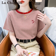 拉夏貝爾（La Chapelle）條紋短袖t恤女寬松韓版女裝2025年夏季新款百搭體恤圓領(lǐng)半袖上衣 紅色 9928 XL 建議120-135斤