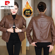 皮爾卡丹（pierre cardin）海寧皮衣外套女2025春秋冬款皮夾克加絨加厚時尚顯瘦秋今年流行裝 海寧品牌旗艦咖色( 不帶毛領(lǐng)) 加絨 M 海寧品牌旗艦 80-100斤