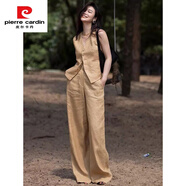 皮爾卡丹（pierre cardin）歐洲站夏季歐貨時尚小香風帥氣西裝馬甲+闊腿褲亞麻套裝女兩件套 橘卡其 L 【建議115-125斤】
