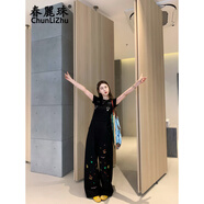 春麗珠（Chunlizhu）重工刺繡牛仔背帶褲套裝女春夏新款減齡可愛顯瘦直筒休閑闊腿長褲 黑色背帶褲 L