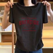 翎悅v領(lǐng)短袖t恤女純棉2025夏季新款設計感時(shí)尚潮流修身上衣女裝打底衫 黑色[New字母] M