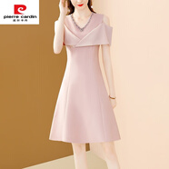 皮爾卡丹（pierre cardin）高端正式場合連衣裙女夏2025新款輕奢氣質(zhì)V領(lǐng)鑲鉆設(shè)計感露肩裙子 粉色 M 【建議95-105斤以內(nèi)】