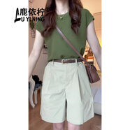 鹿依檸休閑褲女裝夏季2025新款韓系時(shí)尚百搭復古減齡小個(gè)子短褲兩件套裝 杏色褲子 M （建議95-110斤）