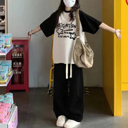 Baldauren大童女裝夏季套裝新款12-15歲初中高中學(xué)生17少女寬松短袖t恤休閑 星星#白插黑短袖+黑抽繩褲【套裝】 【套裝】 薄款 155 (M) 【85-105】斤