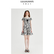 LULUALWAYS【商場(chǎng)同款】25夏季新款法式復(fù)古個(gè)性露肩荷葉邊連衣裙 灰色 XL