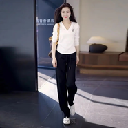 BNEB休閑運(yùn)動(dòng)穿搭套裝女春秋季新款減齡顯瘦連帽衛(wèi)衣高檔氣質(zhì)一整套 白色上衣+黑色褲子 （套裝） L 建議（105-115斤）