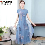 啄木鳥(niǎo)改良旗袍裙夏季新款冰絲連衣裙女大碼民族風(fēng)印花氣質(zhì)媽媽裝裙子女 藍色#單層冰絲 210# L 100-115斤