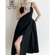 AEMAPE2025復(fù)古赫本風(fēng)開叉吊帶小黑裙女高級(jí)感法式設(shè)計(jì)感小眾高腰連衣裙 黑色 M (95-110斤拍)