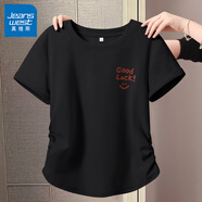 真維斯（JEANSWEST）粉色短袖女2025新款夏季修身抽繩褶皺顯瘦設(shè)計(jì)感甜辣短款上衣t恤 黑色 幸運(yùn)的微笑_K M