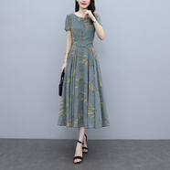 TUM!短袖圓領(lǐng)碎花雪紡長(cháng)裙收腰顯瘦連衣裙中年媽媽洋氣高貴大碼女夏季 灰綠色高貴印花中長(cháng)款遮垮胖mm 5XL 適合151-168斤