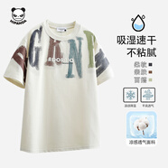 HIPANDA印花刺繡短袖T恤男士重磅立體噴繪潮流寬松圓領(lǐng)半袖棉T男 米 3XL