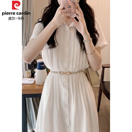 皮爾卡丹（pierre cardin）夏季女士純色短袖連衣裙裙子收腰百褶雪紡氣質(zhì)常規顯瘦垂墜感新款 米白色 送腰帶 S