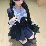 皓娥 早春假兩件長袖連衣裙女學(xué)院風(fēng)撞色拼接甜美蝴蝶結(jié)短裙收腰顯瘦 假兩件連衣裙-藏藍(lán)/藍(lán)領(lǐng) L 含腰帶領(lǐng)結(jié) 建議110-125斤