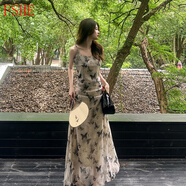 FSHE清冷水墨蝴蝶碎花吊帶連衣裙女2025秋季新款法式別致絕美氣質(zhì)長(cháng)裙 水墨蝴蝶 顏色偏白 L 建議111-120斤