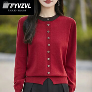 FYVZVL秋冬100%純棉針織衫女圓領(lǐng)拼色紐扣長(zhǎng)袖毛衣寬松開叉套頭打底上衣 安可拉紅 S