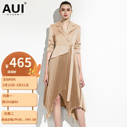 AUI 連衣裙女歐洲站2022秋季新款女裝氣質(zhì)時(shí)尚中長(zhǎng)款長(zhǎng)袖百褶裙子 杏色 XL