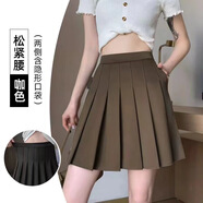 FHHUABD2024年百褶裙女夏高腰春秋新款毛呢半身裙大碼jk顯瘦秋冬黑色短裙 咖色松緊腰口袋款40cm XS 70-80斤