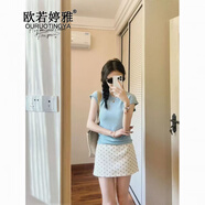 歐若婷雅新品連衣裙小個(gè)子正肩短袖t恤女a(chǎn)字半身裙子套裝女兩件套夏季女裝 藍色上衣+波點(diǎn)裙 S