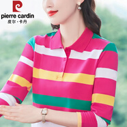 皮爾卡丹媽媽長袖t恤女純棉有翻領(lǐng)橫條紋polo衫春秋裝新款打底衫洋氣上衣 1605#玫紅色 M 【建議90斤內(nèi)】