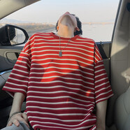普戈斯薄款條紋?；甏虻咨腊攵绦銽恤男肥佬加大碼潮牌胖子寬松百搭夏裝 A001-T5085安哥拉紅 3XL 165-180斤