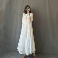 FHHUABD森女日系棉麻洋裝女長(cháng)袖白色仙女大擺亞麻袍子長(cháng)裙夏 白色長(cháng)裙 均碼 均碼 90-145