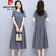 皮爾卡丹（pierre cardin）官方品牌高端中長(cháng)款碎花印花連衣裙2025夏季新款收腰氣質(zhì)高端薄款 藍色 【實(shí)體店質(zhì)量】 L 100-120斤
