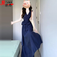 慕瑤雨法式藍(lán)色v領(lǐng)連衣裙子女春夏季2025年新款收腰顯瘦感無袖背心長裙 【藏藍(lán)色套裝】  M 90-110斤