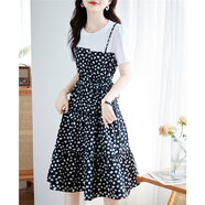 尚靜假兩件碎花拼接T恤裙夏季款撞色時(shí)尚連衣裙女 黑/多色  M 