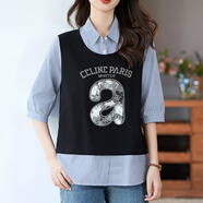 PHJ假兩件襯衫領(lǐng)t恤女夏季新款寬松拼接印花減齡上衣七分袖顯瘦小衫 黑色 M