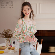 白鹿語夏季浪漫斜肩荷葉邊襯衫氣質(zhì)顯瘦碎花一字肩上衣女 花色  L 