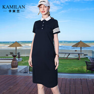 卡米蘭（kamilan）設計感短袖連衣裙女2025年夏季新款時尚中長款polo領顯瘦A字裙 藏藍色 XL