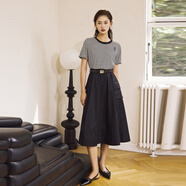 婉甸婉甸2025夏季新品黑白條紋拼接連衣裙1242N05RS1 條紋 XS