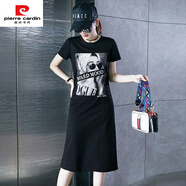皮爾卡丹（pierre cardin）歐美休閑連衣裙女夏季2025新款短袖感印花直筒過(guò)膝長(cháng)款t恤裙 黑色 XL 120-130斤