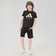 阿迪達(dá)斯 （adidas）新款兒童T恤兒童短袖+短褲套裝 黑/金+黑短褲  128 