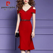 皮爾卡丹（pierre cardin）感時(shí)尚洋氣連衣裙女2025新款夏露肩短袖釘鉆中長(cháng)款修身魚(yú)尾裙 紅色 S 建議80-95斤