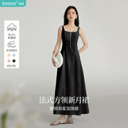 茵曼（INMAN）法式收腰顯瘦方領吊帶連衣裙女裝2025夏季新品長裙子 黑色 L