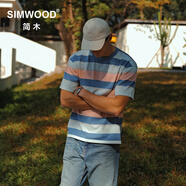 SIMWOOD/簡木男裝【寬松版】14針套頭圓領(lǐng)針織條紋短袖T恤男SO120133 粉藍(lán)條紋 L (建議136-150斤)