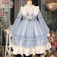 HUALIN FASHION洛麗塔裙子全套日系可愛蘿莉?qū)W生洋裝連衣裙2025春秋軟妹裙 藍(lán)色連衣裙+胸前蝴蝶結(jié)和小熊仔 均碼