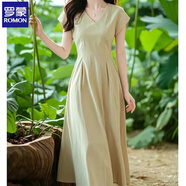 羅蒙高端連衣裙女夏季2025新款韓系法式高級感卡其綠色v領(lǐng)收腰長(cháng)裙女 主款色 【品質(zhì)保障】 XL 115-125斤