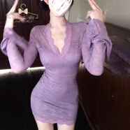 蜜樂奇法式純欲V領喇叭袖紫色蕾絲連衣裙女春季新款收腰顯瘦辣妹包臀裙A 紫羅蘭 蕾絲裙 L