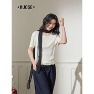 闊色（kuose）闊色黃色荷葉邊短袖針織衫上衣女25夏季新款小個(gè)子設計 白色現貨 S