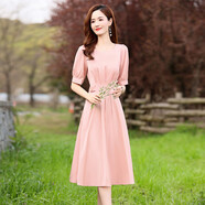 奧豚緞面連衣裙女裝氣質(zhì)2025夏裝收腰顯瘦中長(zhǎng)裙AT22002 粉色 XXL