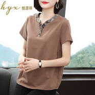 恒源祥新款純棉V領(lǐng)短袖T恤女夏季寬松半袖中老年人媽媽40-50歲大碼上衣 咖啡色 2XL 適合130-145斤