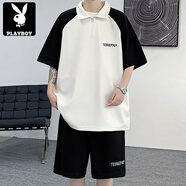 花花公子（PLAYBOY）夏季美式polo衫套裝男短袖短褲潮牌兩件套翻領(lǐng)T恤寬松大碼五分褲 黑色一套 XL
