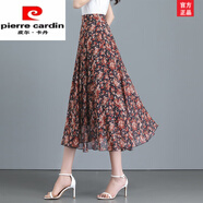 皮爾卡丹（pierre cardin）2025夏季新款印花半身裙女雪紡中長(zhǎng)款a字裙高腰顯瘦遮胯舞裙時(shí)尚 J9橘紅小花 M 腰圍：2.0-2.1尺