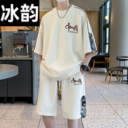 冰韻短袖套裝男新中式國(guó)風(fēng)休閑運(yùn)動(dòng)夏季國(guó)潮冰絲t恤男短褲穿搭一整套T 2069白色套裝 M (約90~115斤可穿)