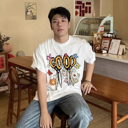 GOODBRAND 趙泳鑫同款蝴蝶鮮花與剪刀蠟筆畫(huà)男女情侶美式短袖T恤 白色 L