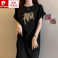 皮爾卡丹（pierre cardin）小飛袖純棉T恤裙女2024新款寬松休閑大碼連衣裙下擺開(kāi)叉長(cháng)裙夏季 黑色(愛(ài)心帶子) XL 120-140斤