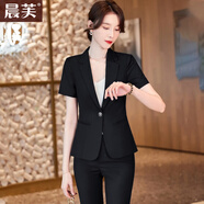 晨芙小西裝外套女夏短袖職業(yè)正裝西服套裝氣質(zhì)白領(lǐng)工裝酒店前臺工作服 黑色西裝+九分褲+白吊帶 M 建議90-100斤